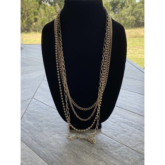 Necklace Multi Strand Gold Tone Vintage Fold Over Clasp Chains - Picture 1 of 6